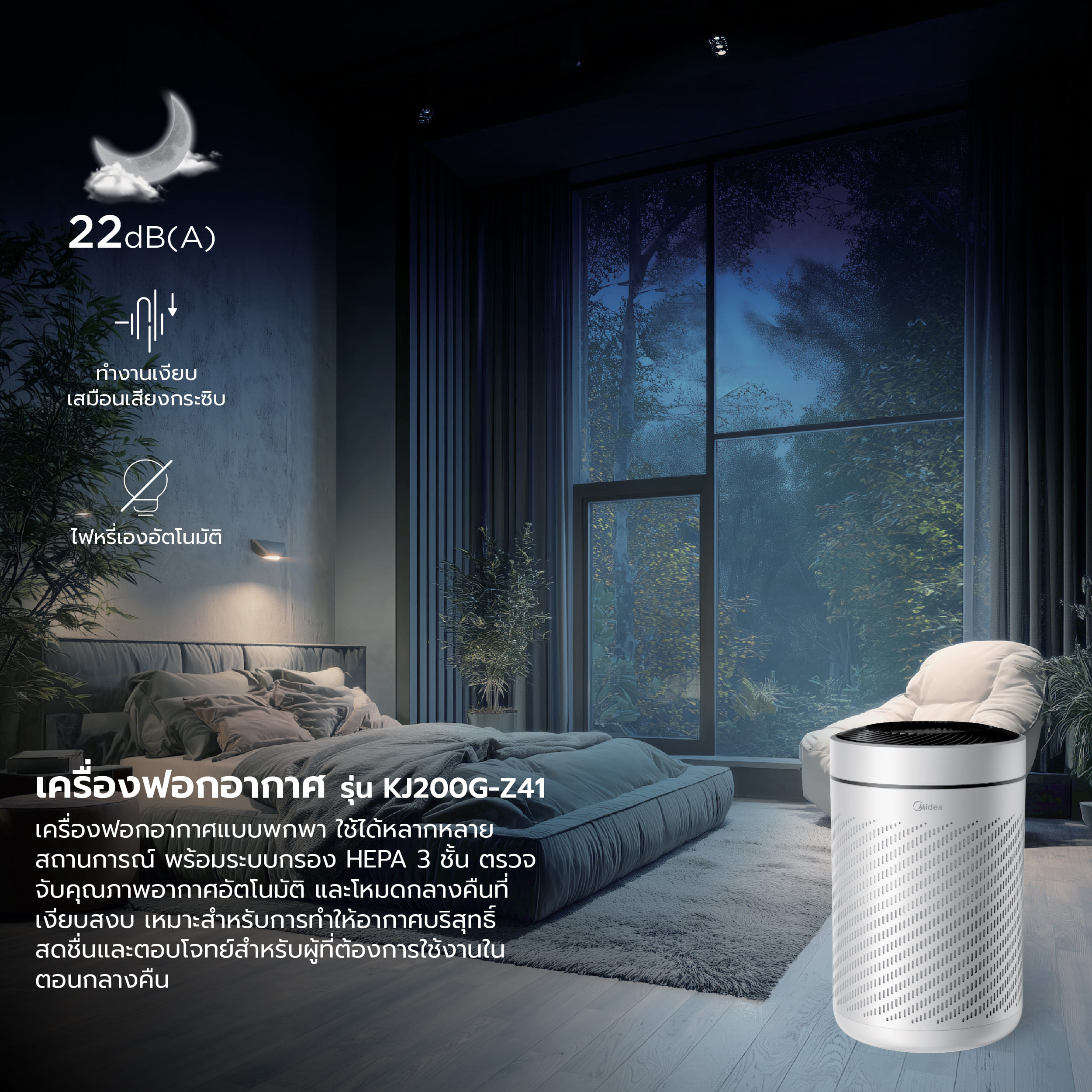 เครื่องฟอกอากาศ MIDEA รุ่น KJ200G-Z41 (กรองฝุ่น PM2.5 ด้วยฟิลเตอร์ HEPA 13)_2